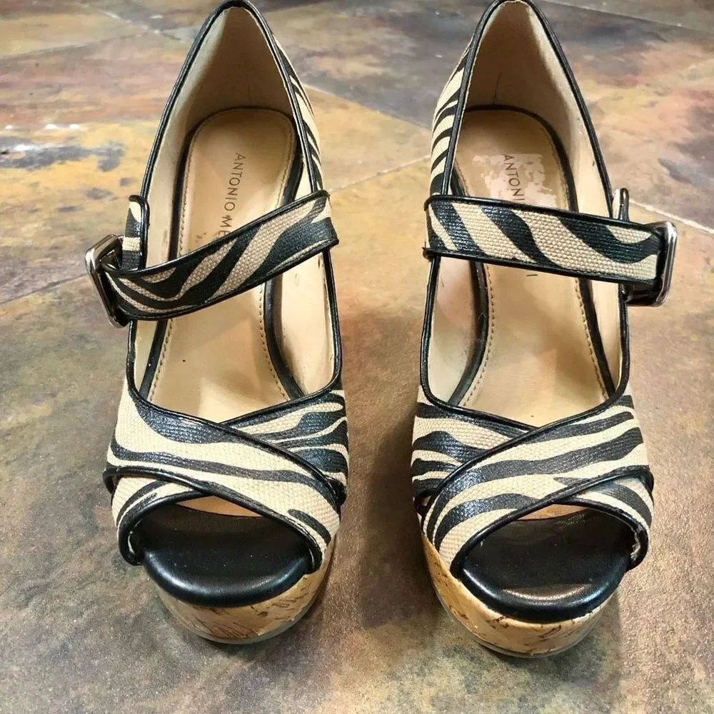 Antonio Melani Zebra Wedges Heels Tan and Black Size 7 M
